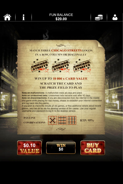 Chicago Streets Mobile Scratch Card Paytable