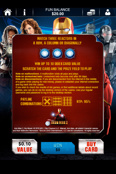 Iron Man 2 Mobile Scratch Card Paytable