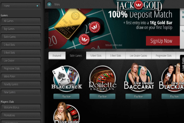 Jack Gold Mobile Casino Menu