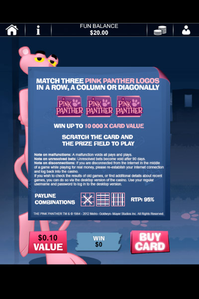 Pink Panther Mobile Scratch Card Paytable