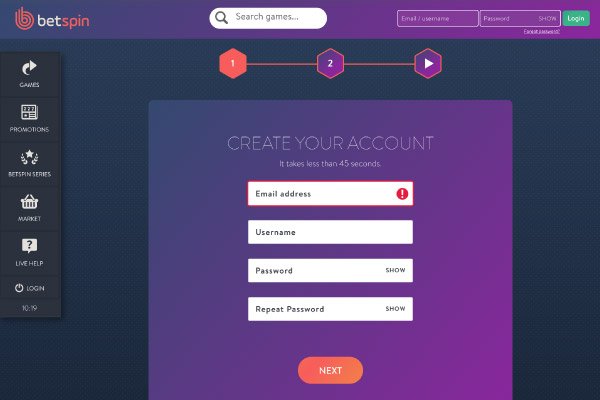 Betspin Casino Account Form