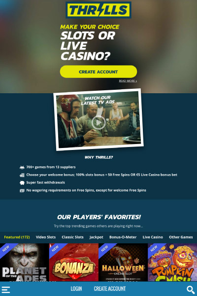 Thrills Mobile Casino Lobby