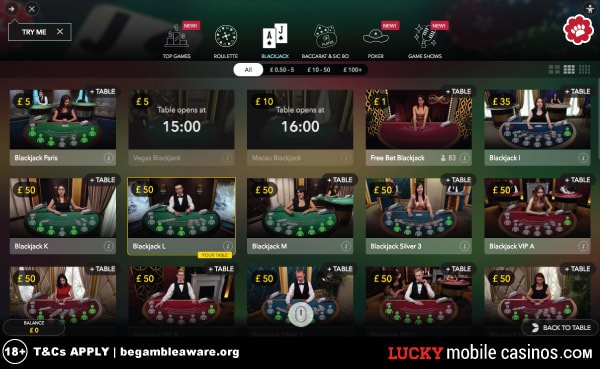 Example of Evolution Gaming Live Casino Lobby