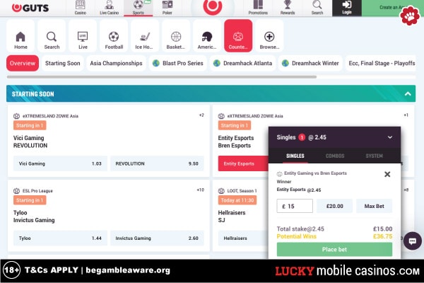 GUTS Casino Esports Betting Example Tournaments