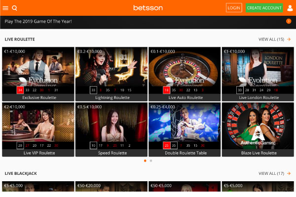 Betsson Casino Live Casino Games