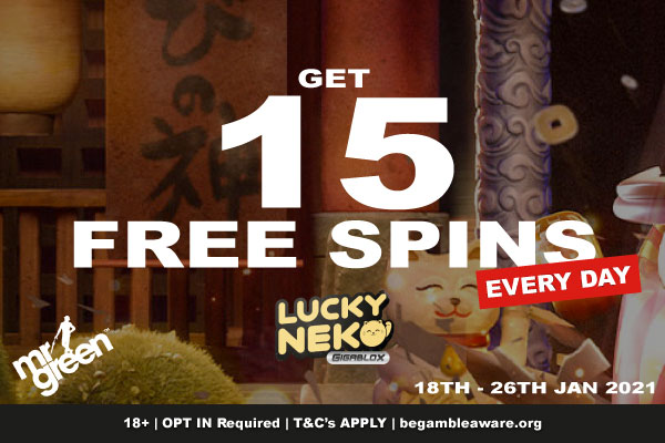 Get 15 Free Spins On Lucky Neko Every Day at Mr Green